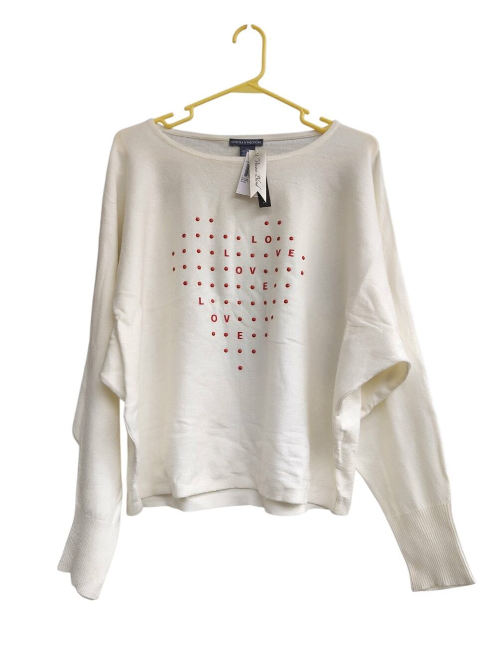 Chelsea & Theodore Sweater Womens XL Ivory Red Heart LOVE Studded Viscose Blend